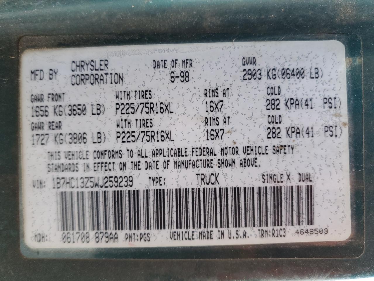 1998 Dodge Ram 1500 VIN: 1B7HC13Z5WJ259239 Lot: 62339544