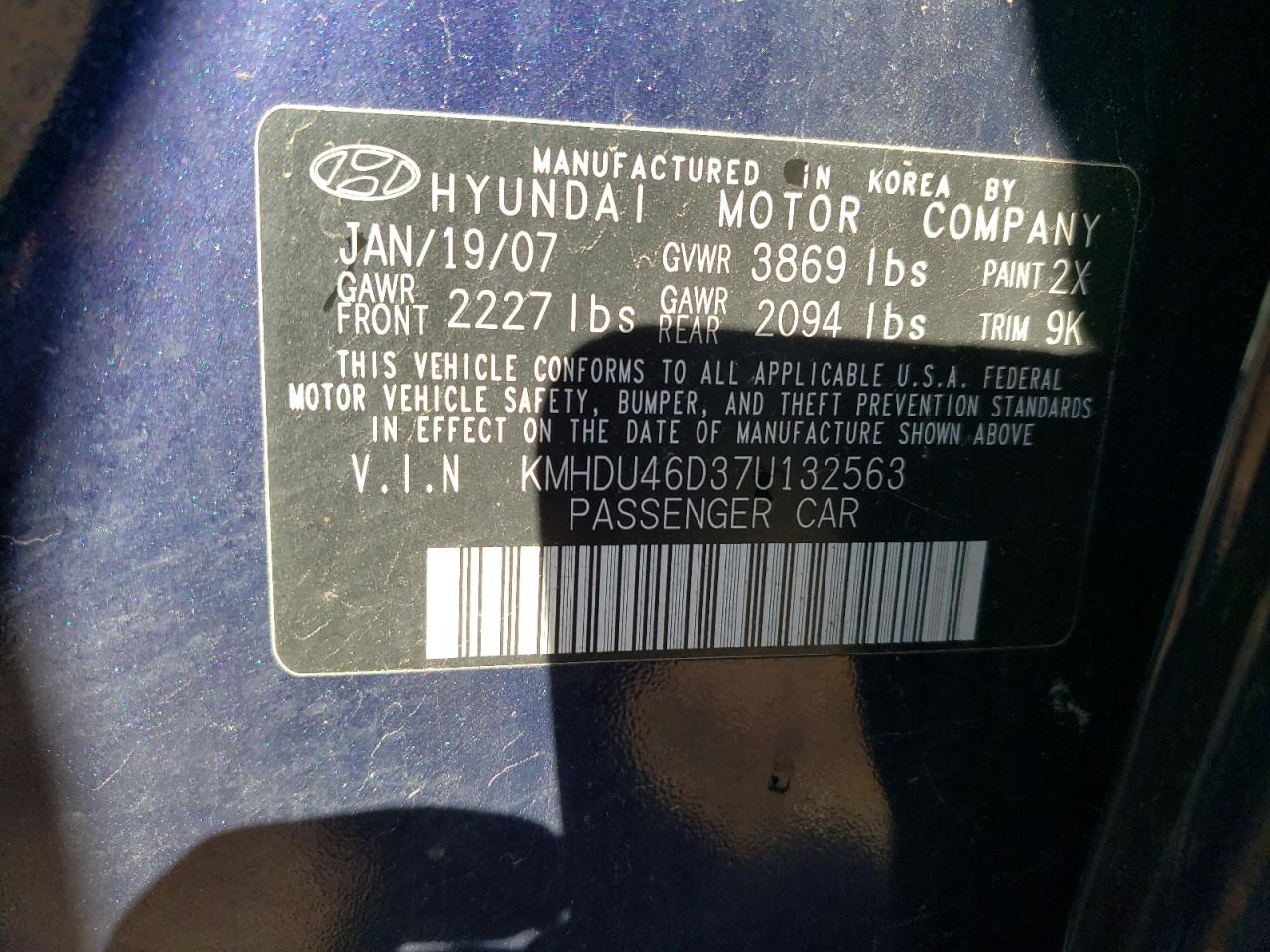 2007 Hyundai Elantra Gls VIN: KMHDU46D37U132563 Lot: 72758013