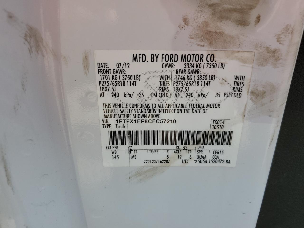 2012 Ford F150 Super Cab VIN: 1FTFX1EF8CFC57210 Lot: 76535724