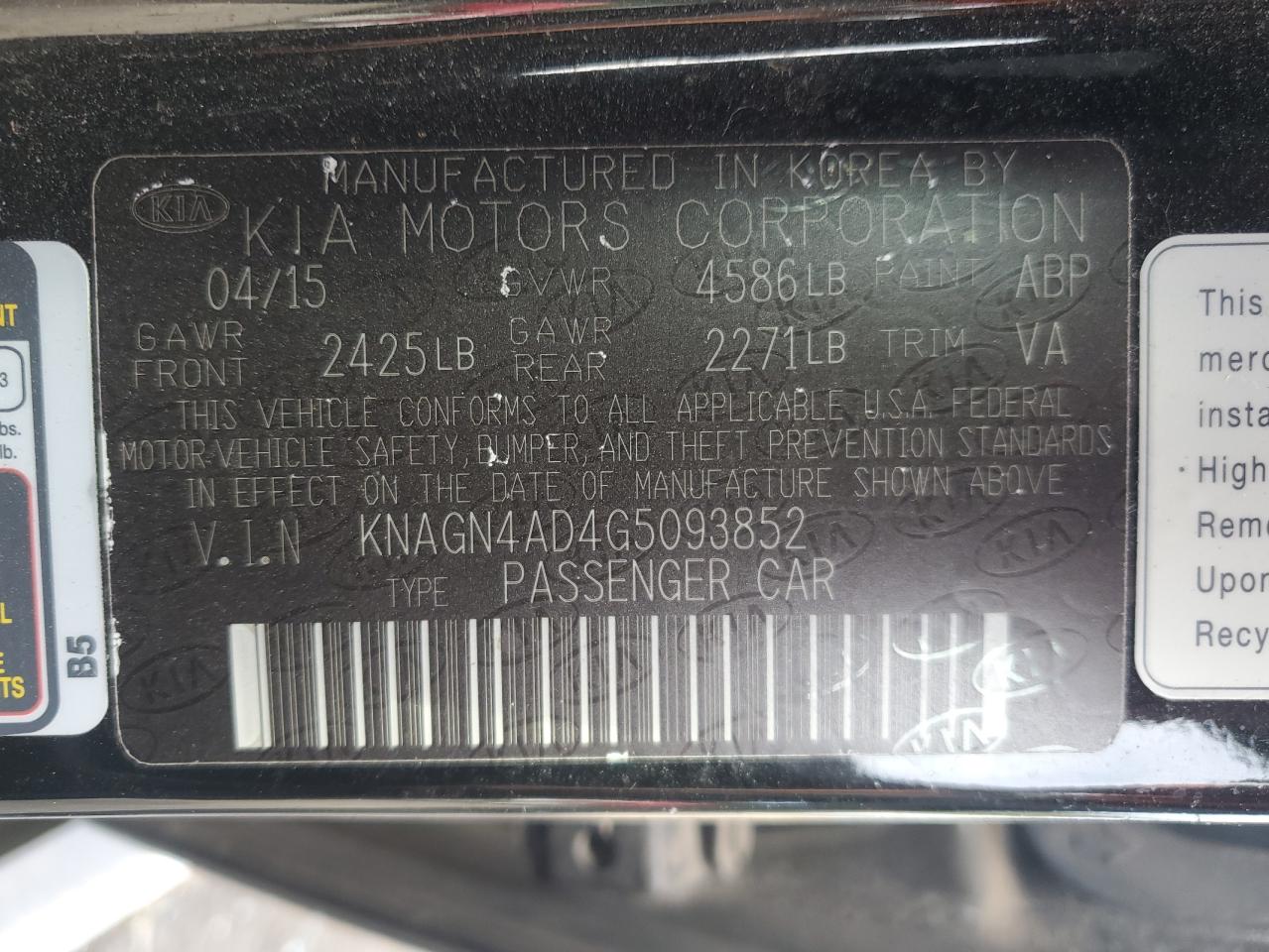 KNAGN4AD4G5093852 2016 Kia Optima Hybrid