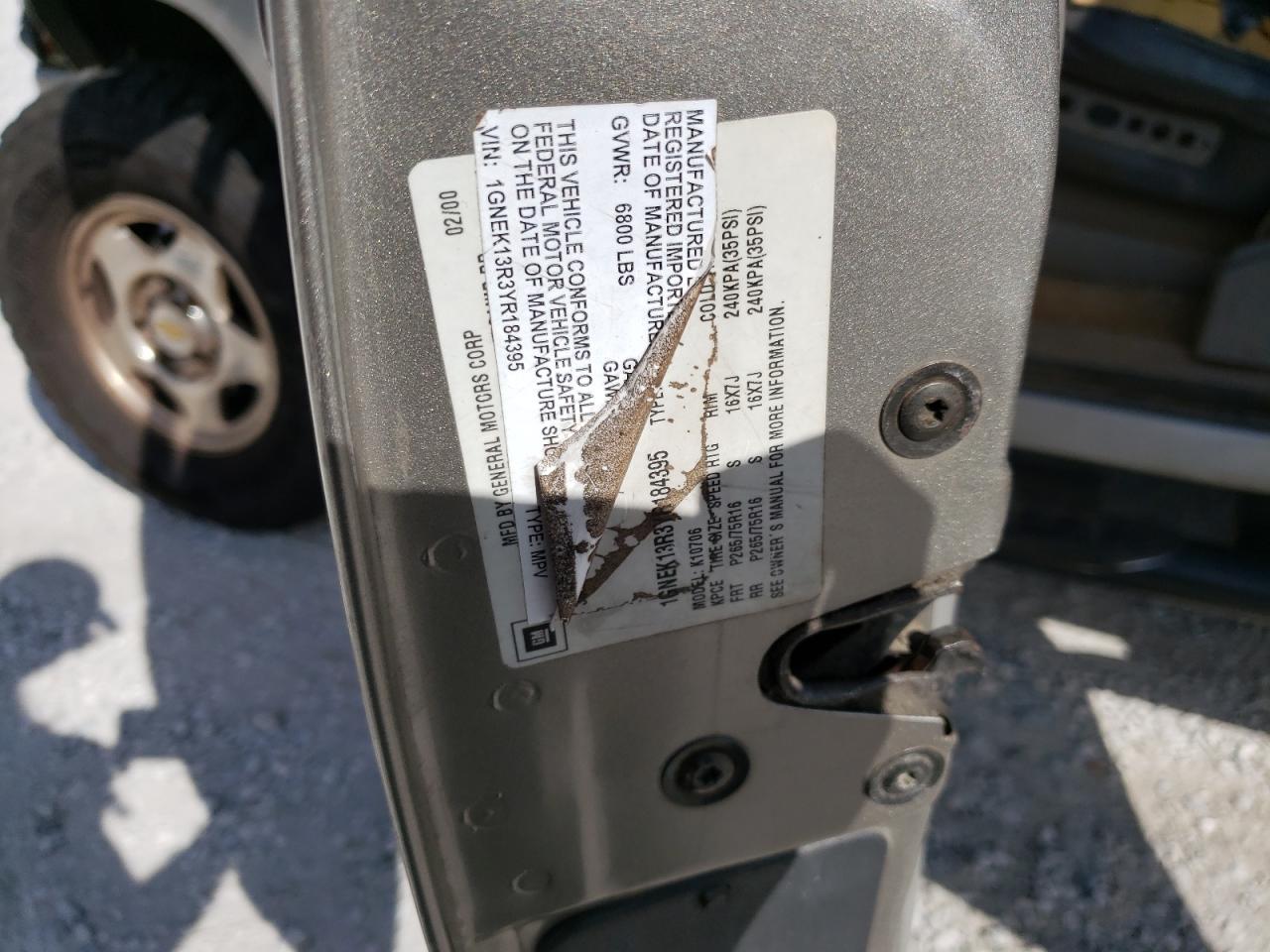 2000 Chevrolet Tahoe K1500 VIN: 1GNEK13R3YR184395 Lot: 80135653