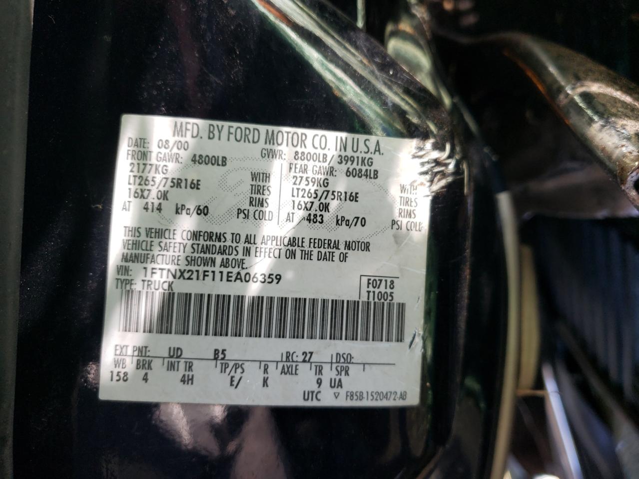 2001 Ford F250 Super Duty VIN: 1FTNX21F11EA06359 Lot: 72331423