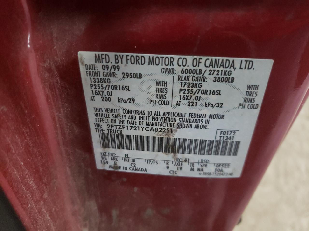 2000 Ford F150 VIN: 2FTZF1721YCA02251 Lot: 72402063