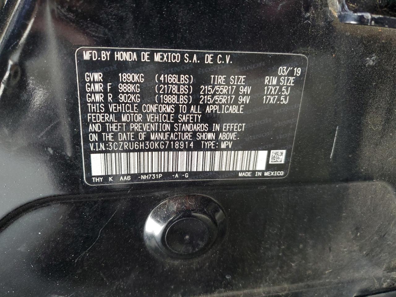 2019 Honda Hr-V Lx VIN: 3CZRU6H30KG718914 Lot: 70962253