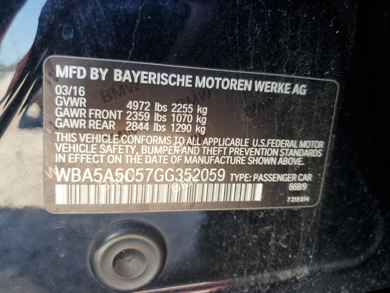 2016 BMW 528 I VIN: WBA5A5C57GG352059 Lot: 71697365