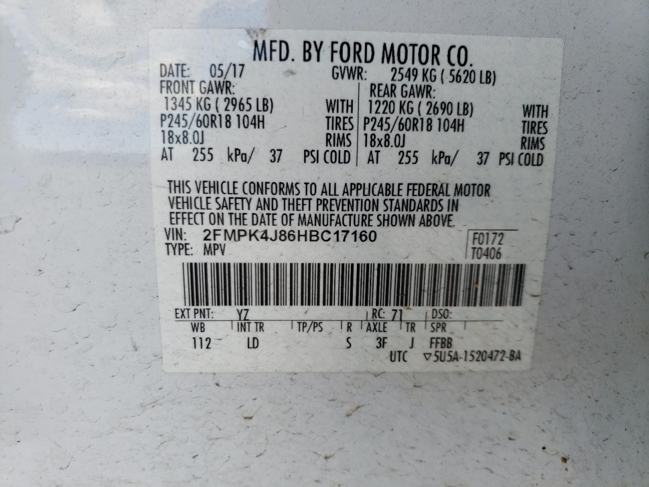 2017 Ford Edge Sel VIN: 2FMPK4J86HBC17160 Lot: 72945633