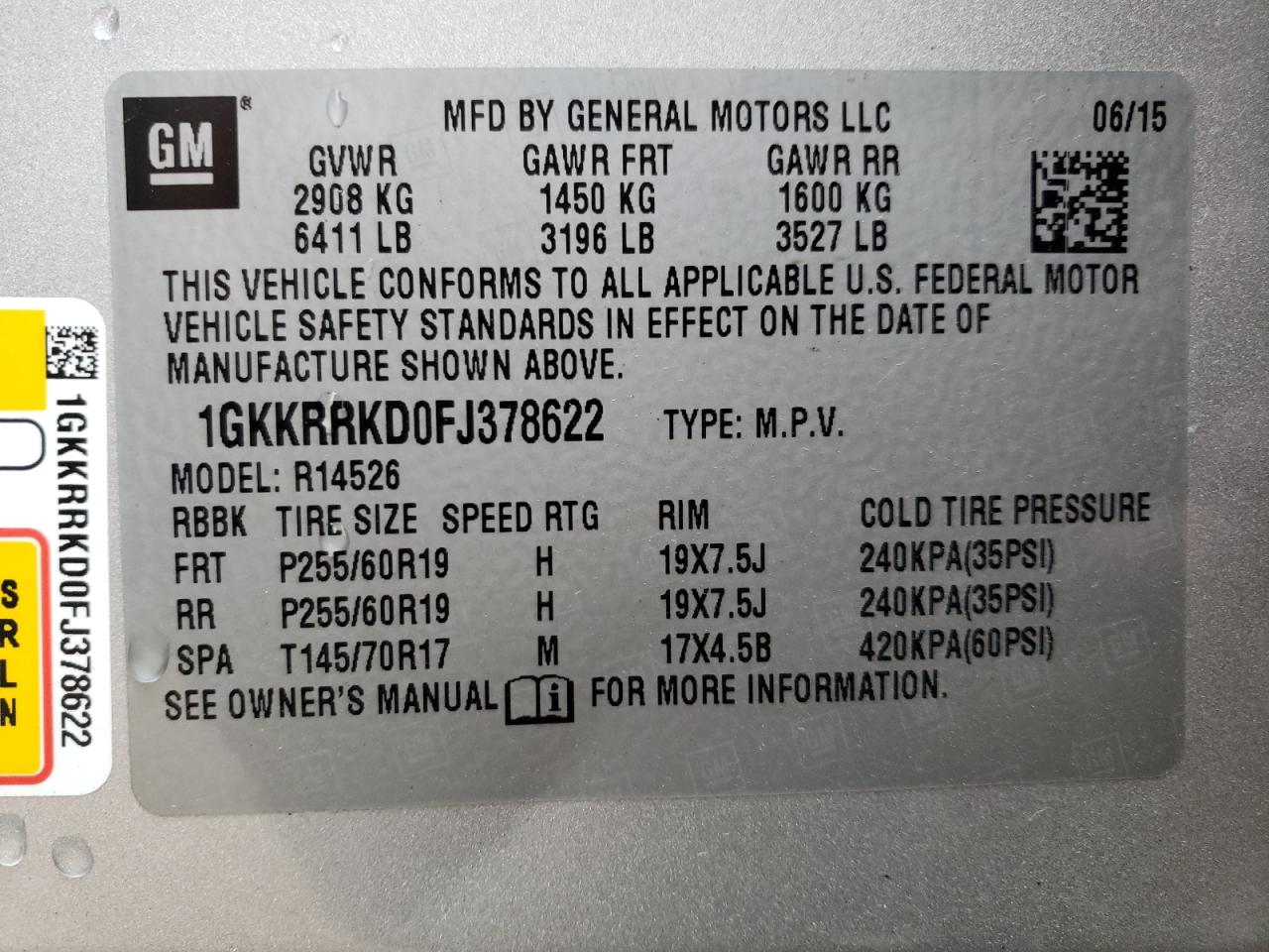 1GKKRRKD0FJ378622 2015 GMC Acadia Slt-1