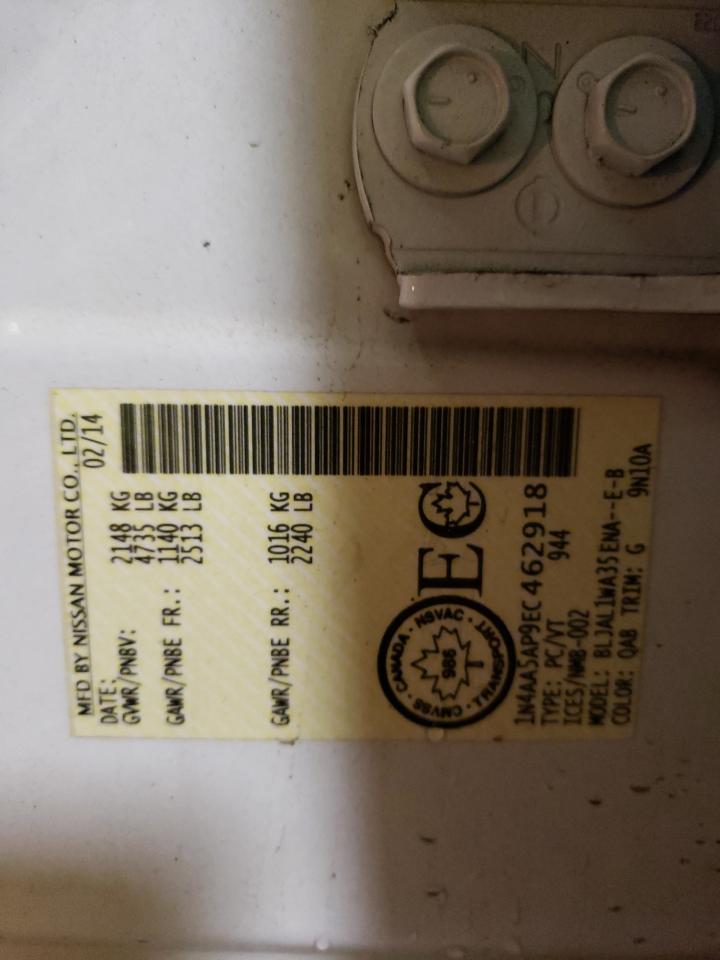 2014 Nissan Maxima S VIN: 1N4AA5AP9EC462918 Lot: 73009383