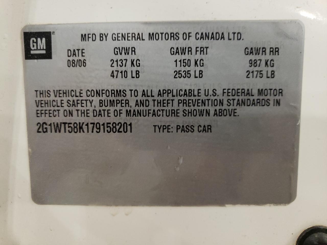 2007 Chevrolet Impala Lt VIN: 2G1WT58K179158201 Lot: 73890793