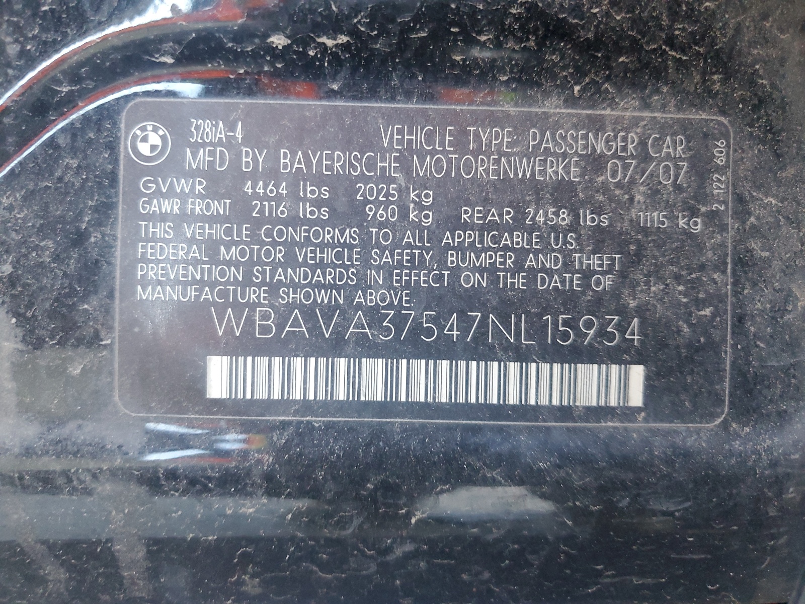 WBAVA37547NL15934 2007 BMW 328 I