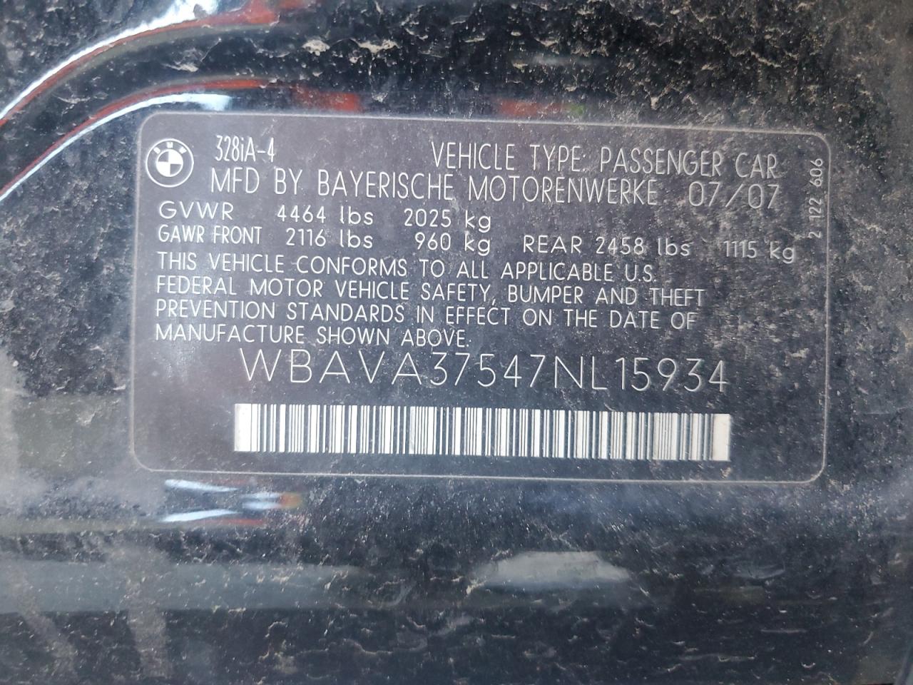 2007 BMW 328 I VIN: WBAVA37547NL15934 Lot: 70955823