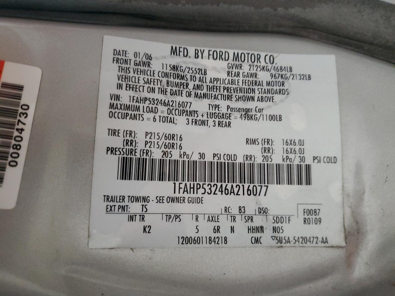 2006 Ford Taurus Se VIN: 1FAHP53246A216077 Lot: 70362353