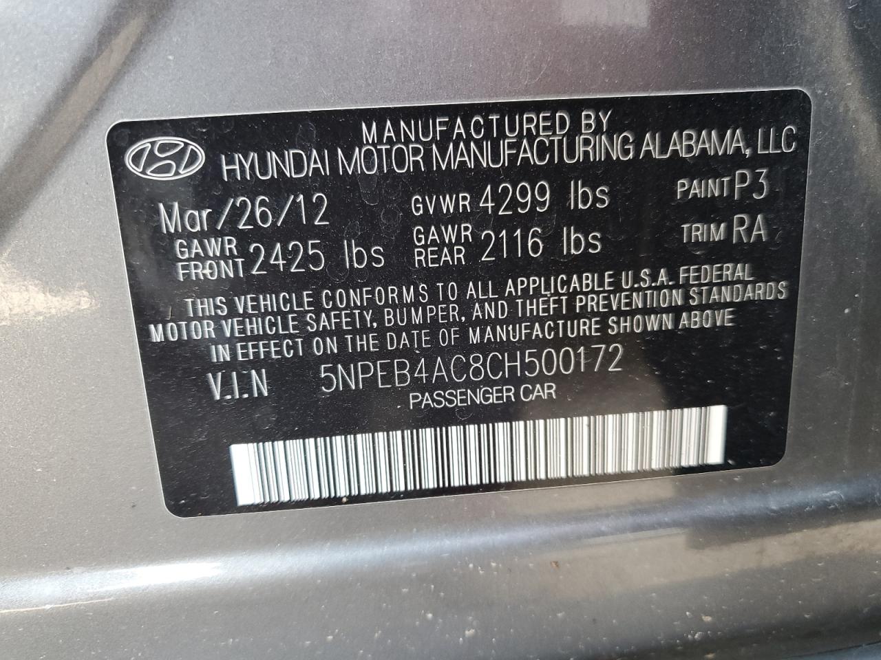 2012 Hyundai Sonata Gls VIN: 5NPEB4AC8CH500172 Lot: 71631463