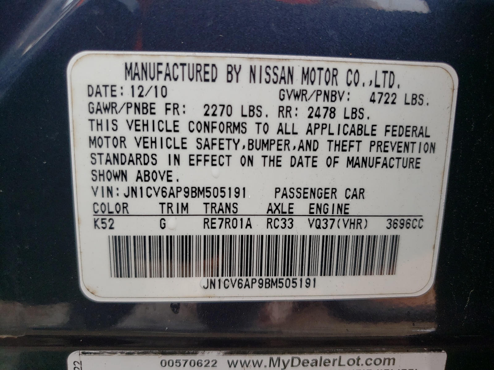 JN1CV6AP9BM505191 2011 Infiniti G37 Base