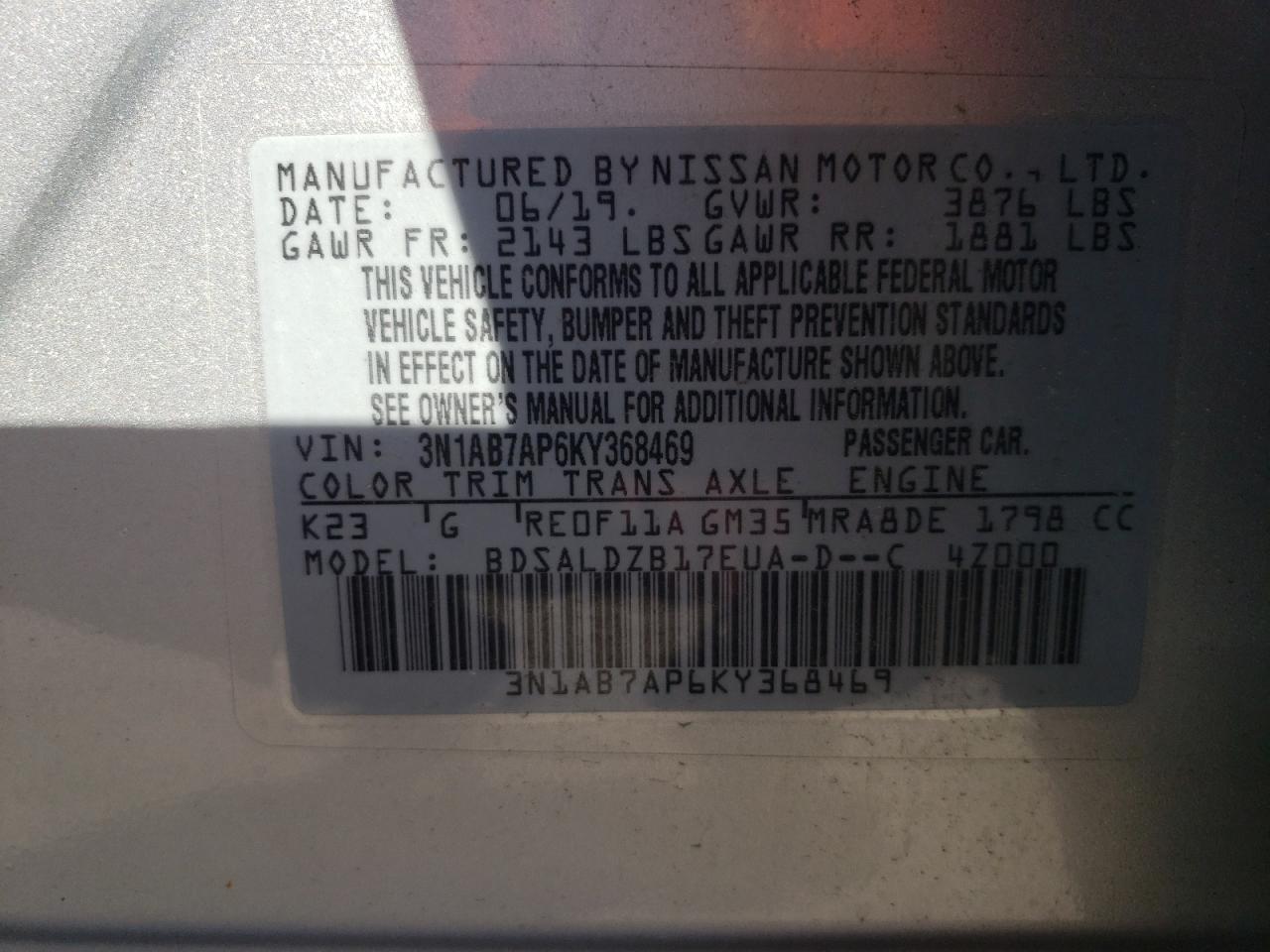 3N1AB7AP6KY368469 2019 Nissan Sentra S