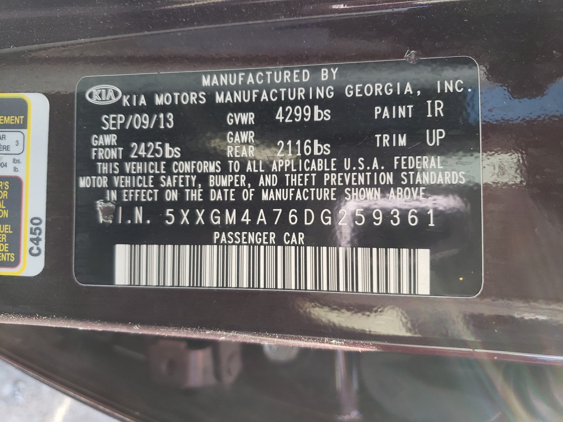 5XXGM4A76DG259361 2013 Kia Optima Lx