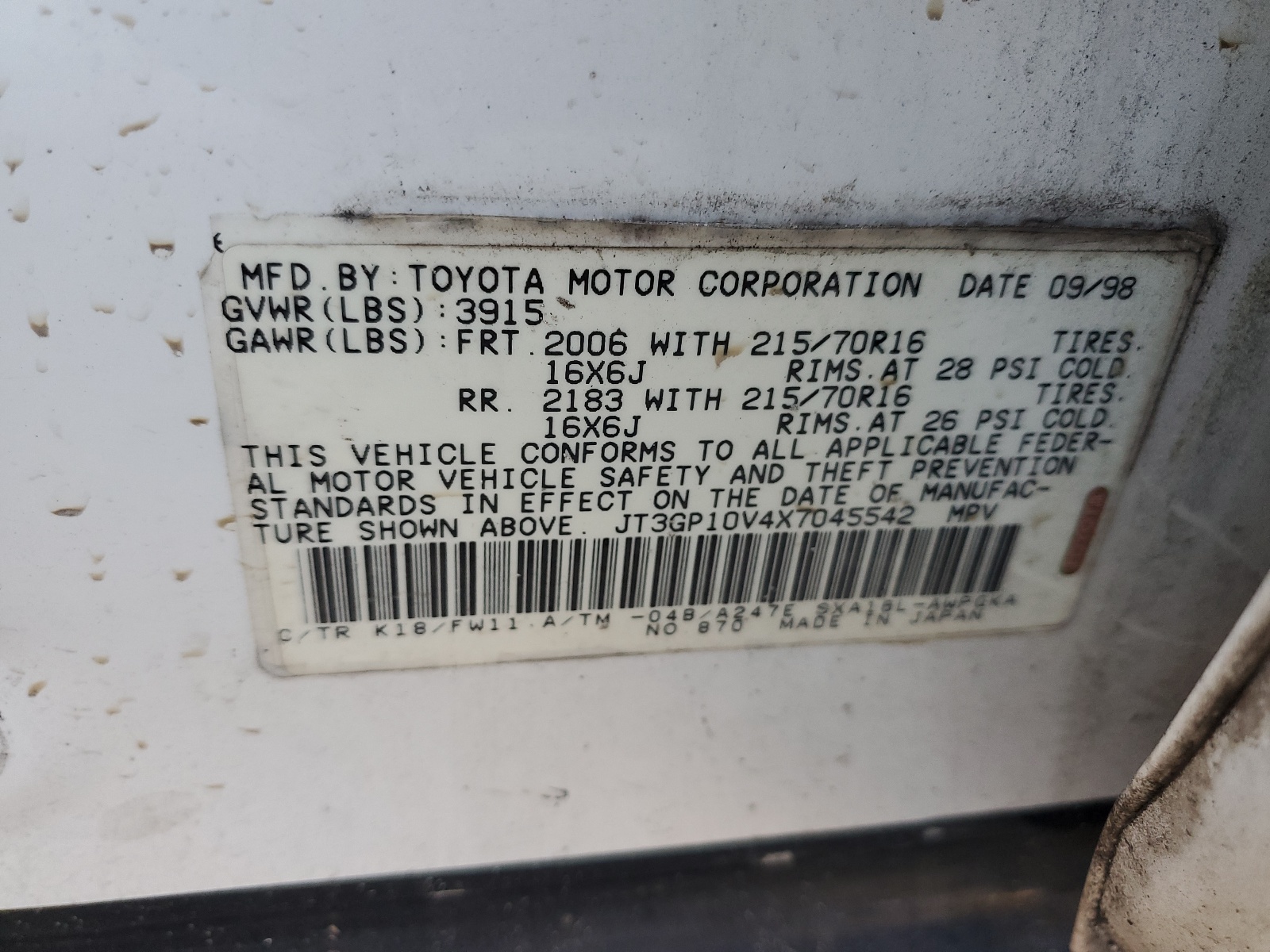 JT3GP10V4X7045542 1999 Toyota Rav4