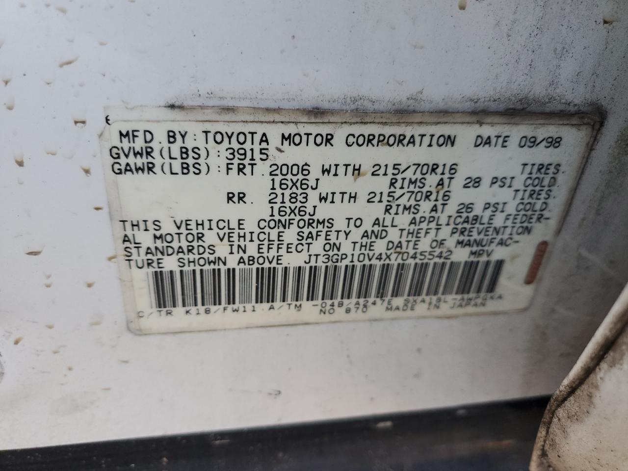 1999 Toyota Rav4 VIN: JT3GP10V4X7045542 Lot: 72519513