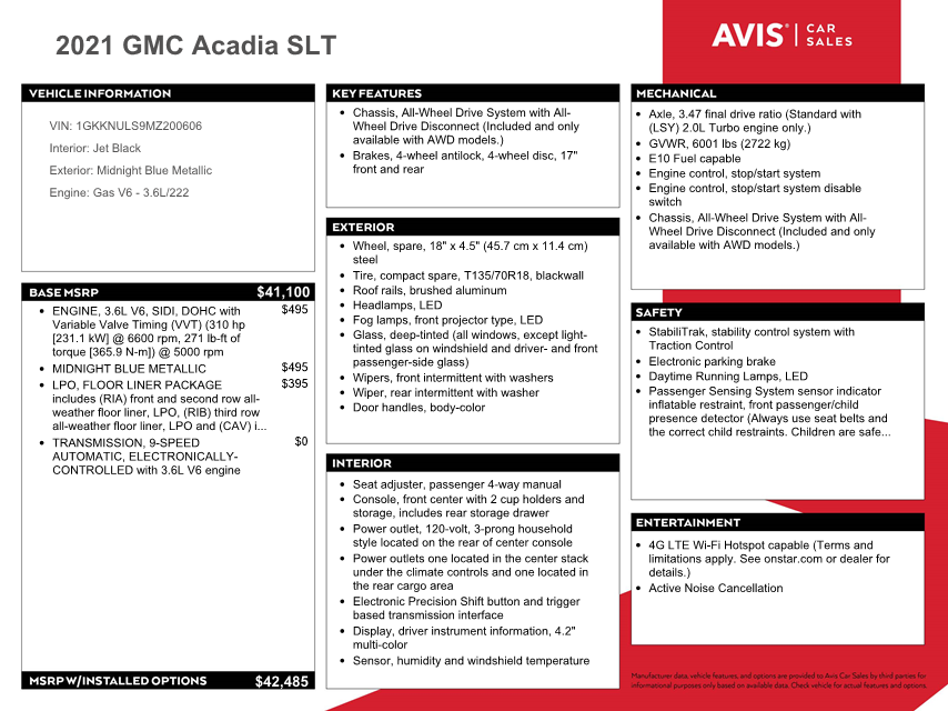 2021 GMC Acadia Slt vin: 1GKKNULS9MZ200606