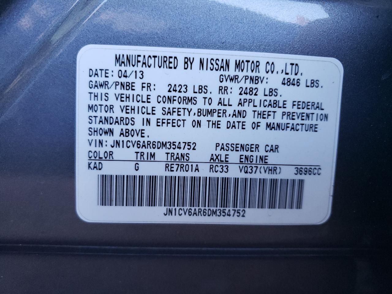 JN1CV6AR6DM354752 2013 Infiniti G37