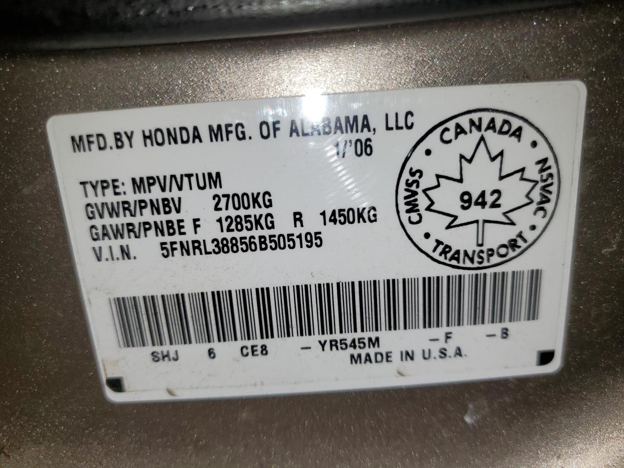 2006 Honda Odyssey Touring VIN: 5FNRL38856B505195 Lot: 72385113