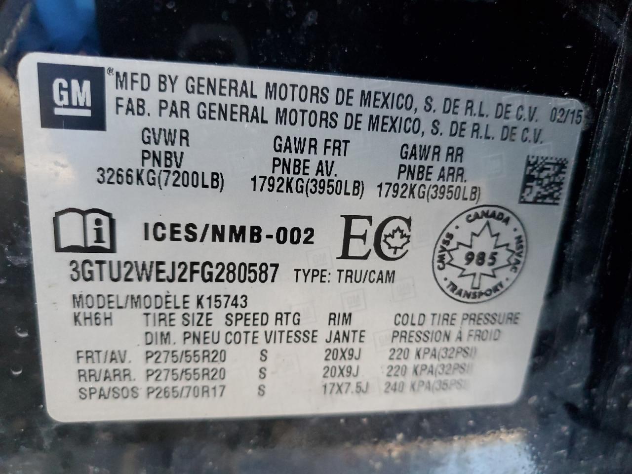 2015 GMC Sierra K1500 Denali VIN: 3GTU2WEJ2FG280587 Lot: 71037683