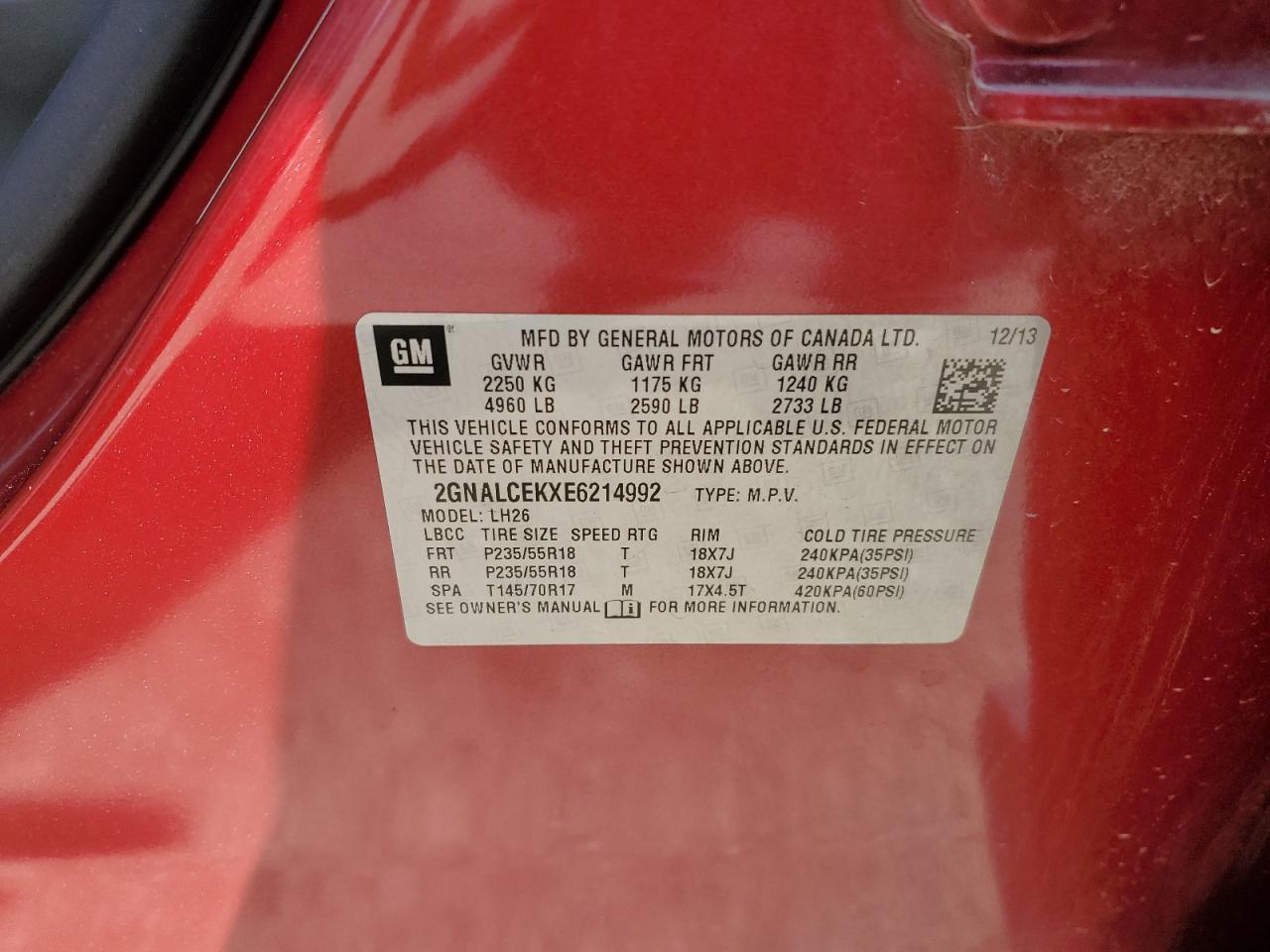 2014 Chevrolet Equinox Lt VIN: 2GNALCEKXE6214992 Lot: 72482663