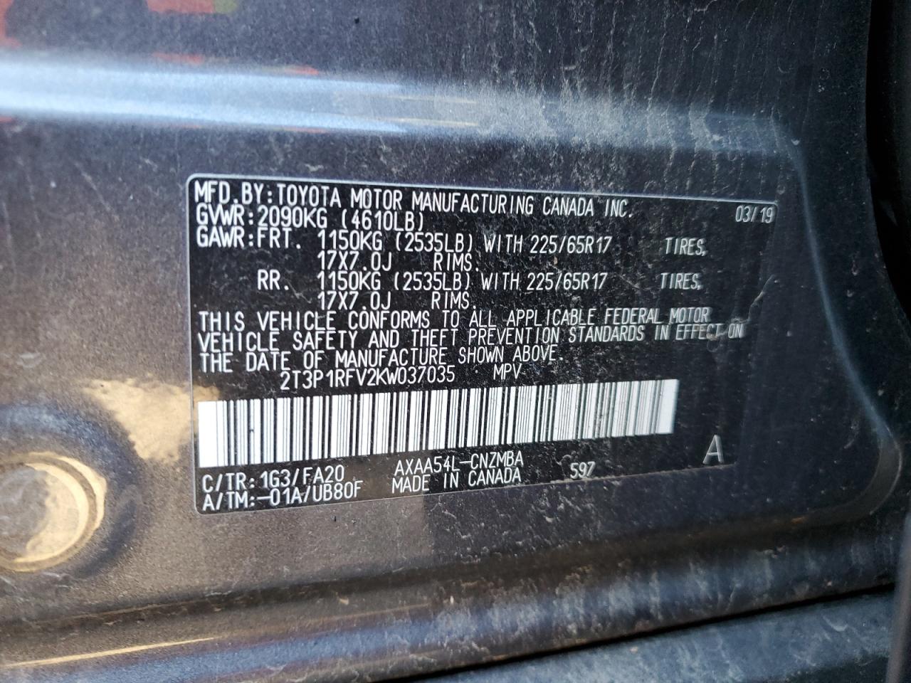 2T3P1RFV2KW037035 2019 Toyota Rav4 Xle