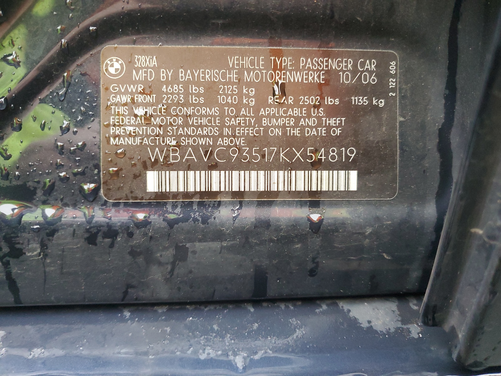 WBAVC93517KX54819 2007 BMW 328 Xi