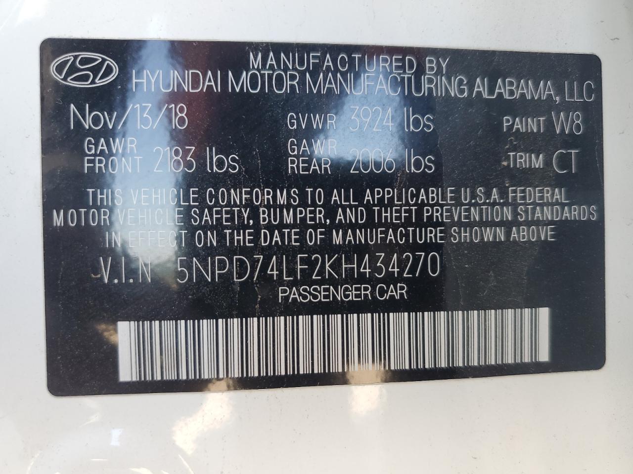 5NPD74LF2KH434270 2019 Hyundai Elantra Se