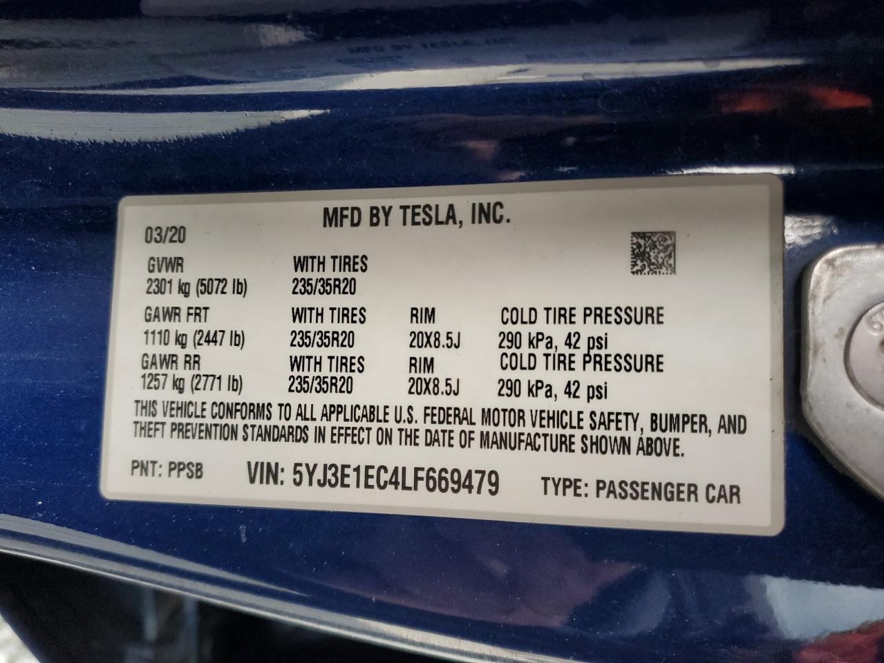 2020 Tesla Model 3 VIN: 5YJ3E1EC4LF669479 Lot: 71905073