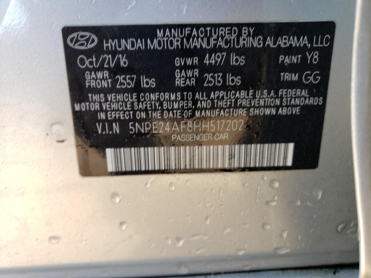 2017 Hyundai Sonata Se VIN: 5NPE24AF8HH517202 Lot: 80662634