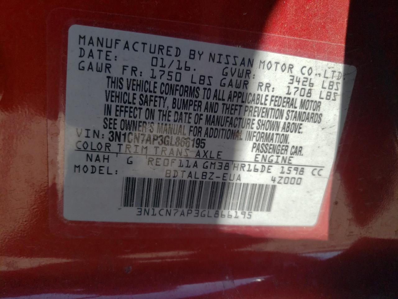 2016 Nissan Versa S VIN: 3N1CN7AP3GL866195 Lot: 70795963