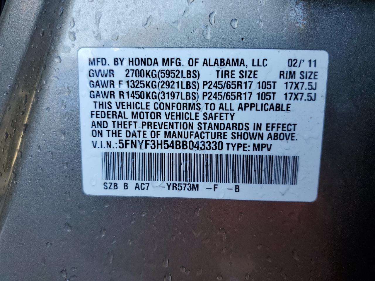 2011 Honda Pilot Exl VIN: 5FNYF3H54BB043330 Lot: 70735323