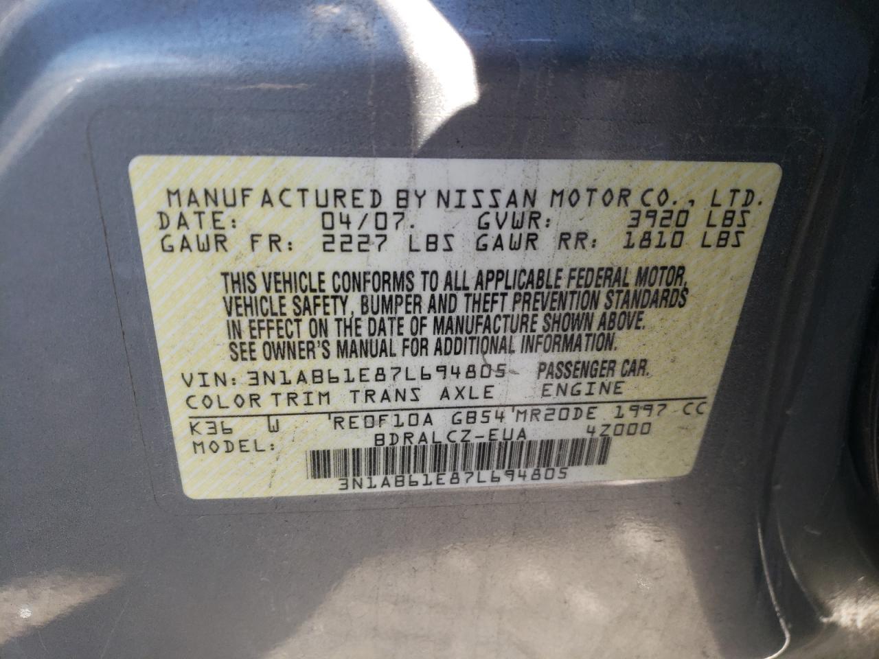 3N1AB61E87L694805 2007 Nissan Sentra 2.0