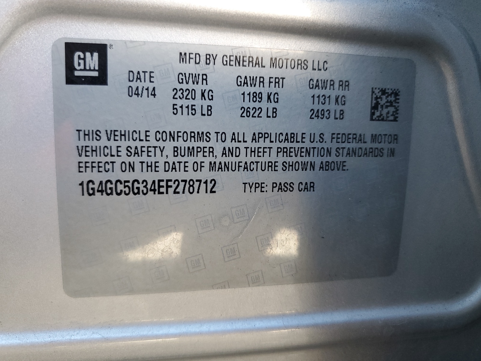 1G4GC5G34EF278712 2014 Buick Lacrosse