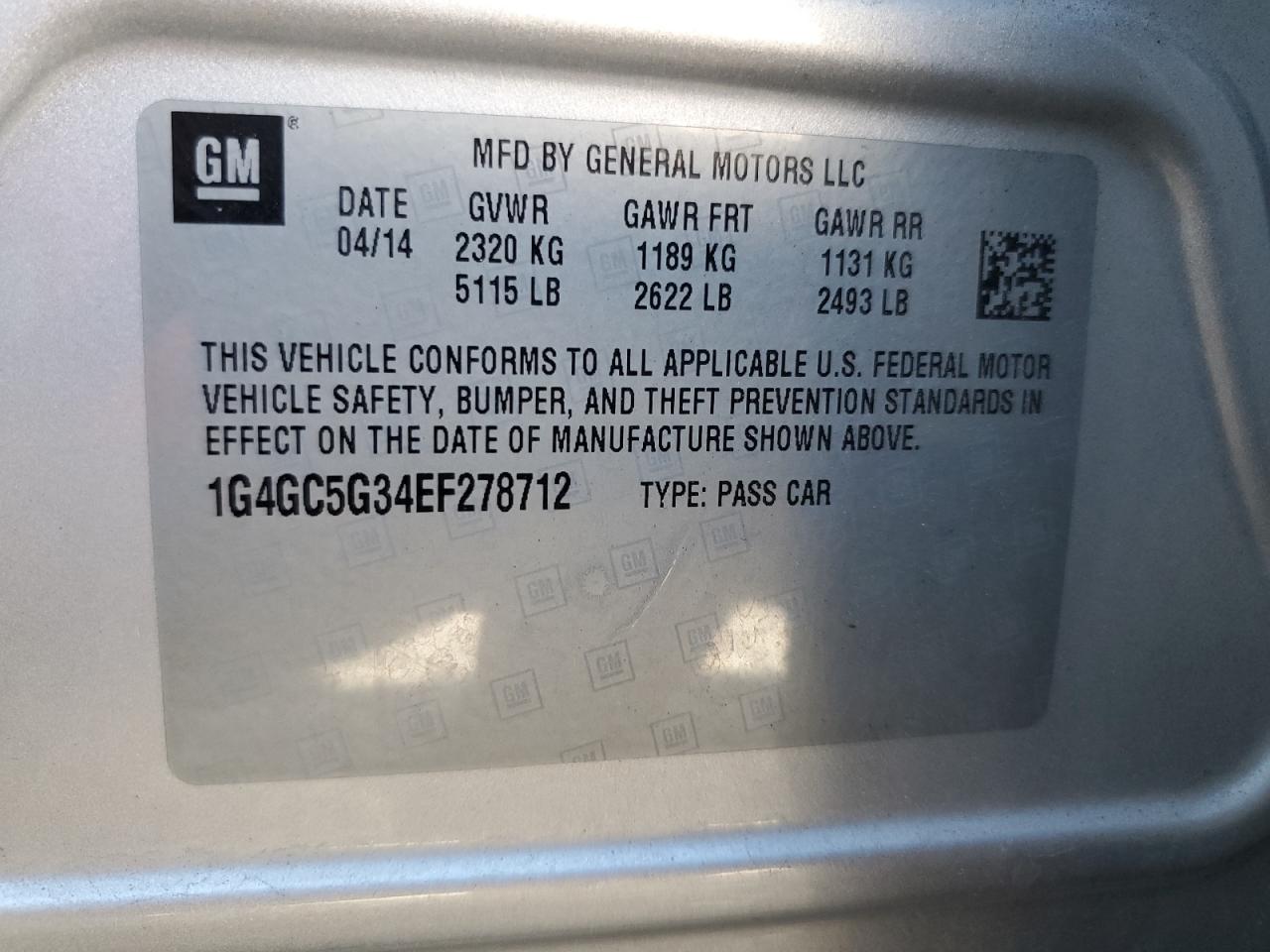 2014 Buick Lacrosse VIN: 1G4GC5G34EF278712 Lot: 70512283