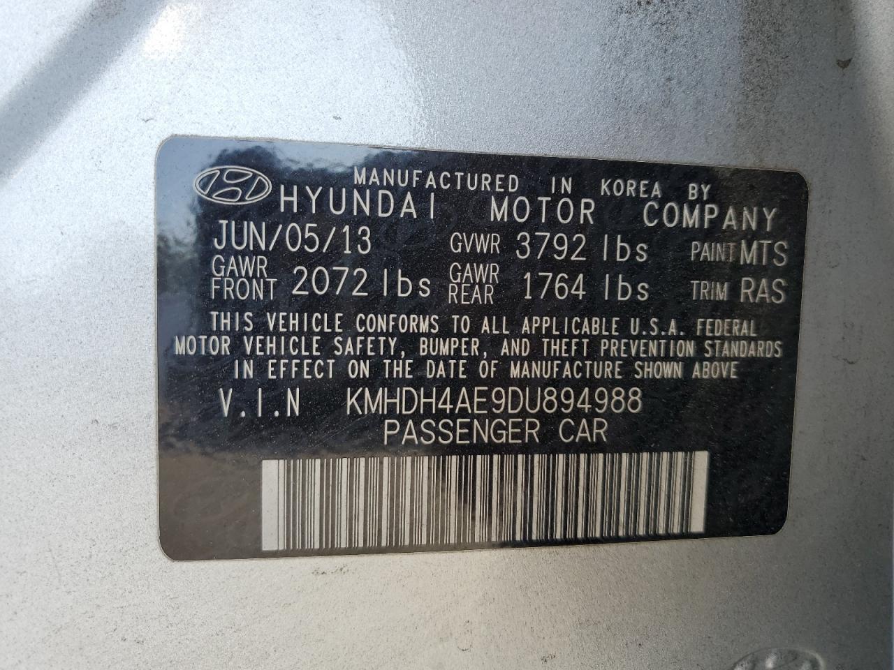 2013 Hyundai Elantra Gls VIN: KMHDH4AE9DU894988 Lot: 61436444