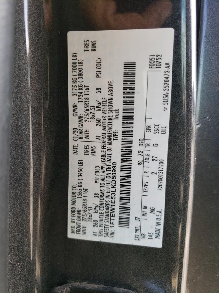 2020 Ford F150 Supercrew VIN: 1FTEW1E53LKD50990 Lot: 73314573