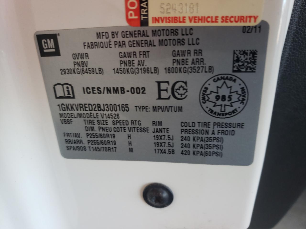 2011 GMC Acadia Slt-1 VIN: 1GKKVRED2BJ300165 Lot: 59554755