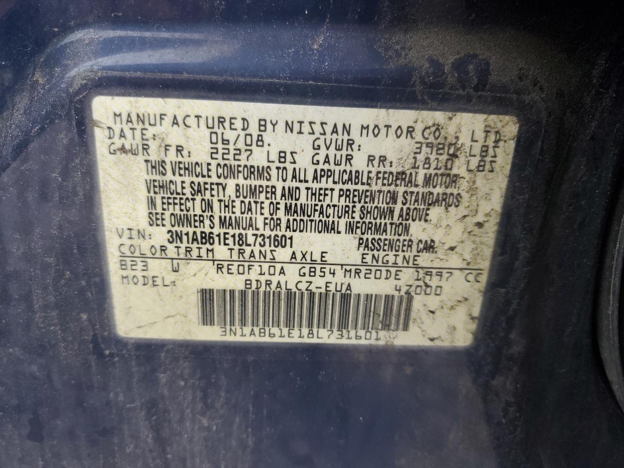 2008 Nissan Sentra 2.0 VIN: 3N1AB61E18L731601 Lot: 64667464