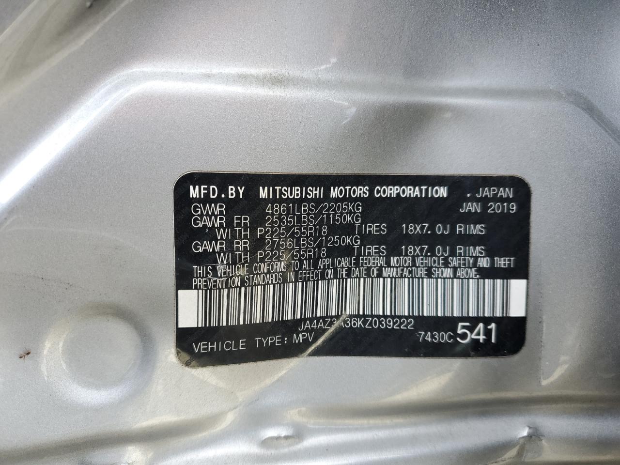 2019 Mitsubishi Outlander Se VIN: JA4AZ3A36KZ039222 Lot: 72955183