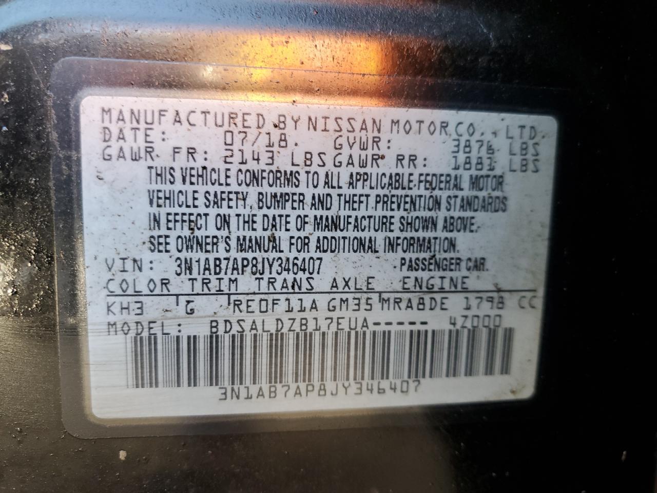 3N1AB7AP8JY346407 2018 Nissan Sentra S