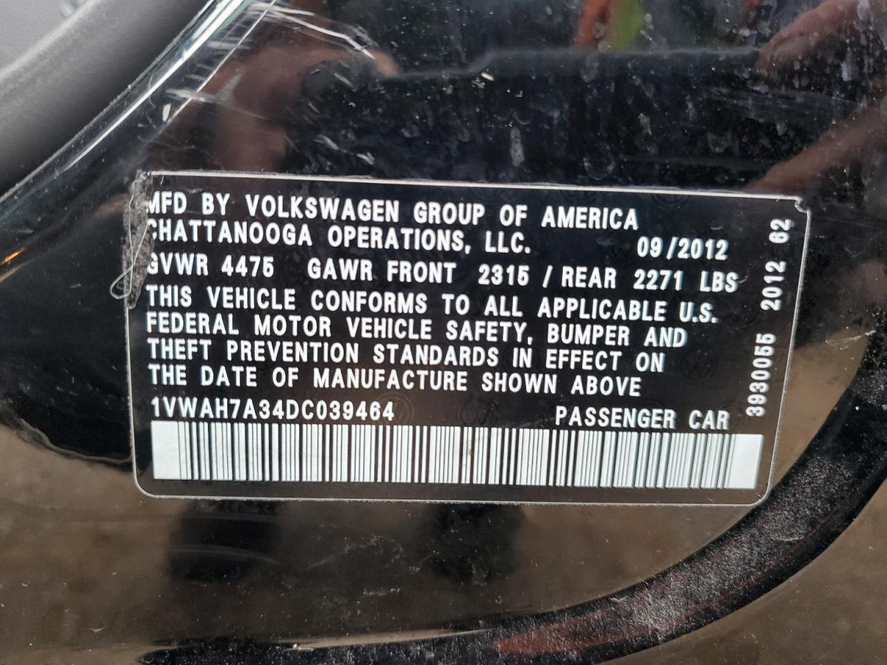 2013 Volkswagen Passat S VIN: 1VWAH7A34DC039464 Lot: 72738423