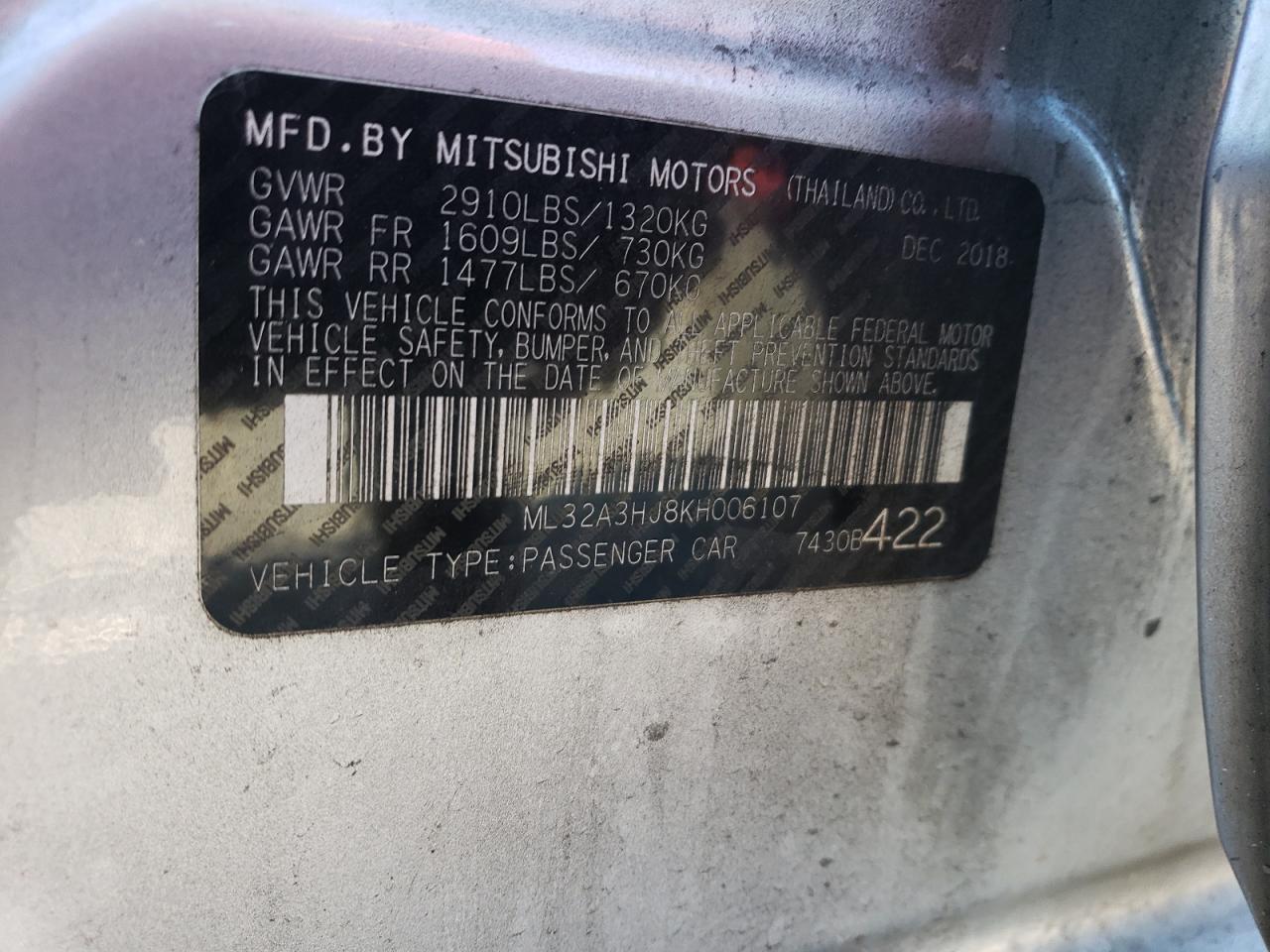 2019 Mitsubishi Mirage Es VIN: ML32A3HJ8KH006107 Lot: 72161033