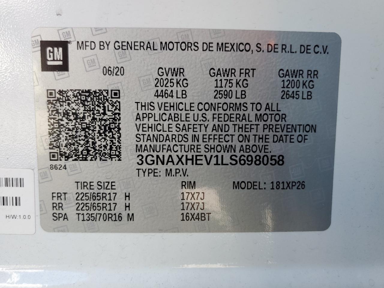 3GNAXHEV1LS698058 2020 Chevrolet Equinox Ls
