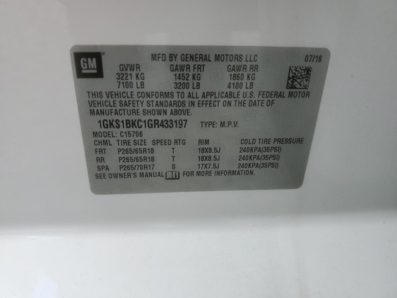 2016 GMC Yukon Slt VIN: 1GKS1BKC1GR433197 Lot: 73707523