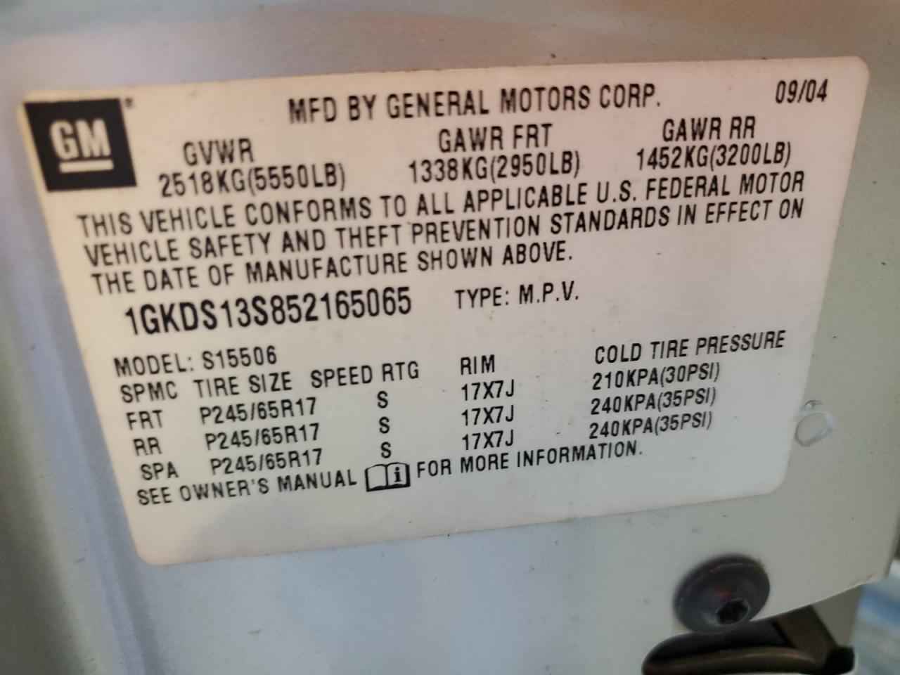 2005 GMC Envoy VIN: 1GKDS13S852165065 Lot: 61935634