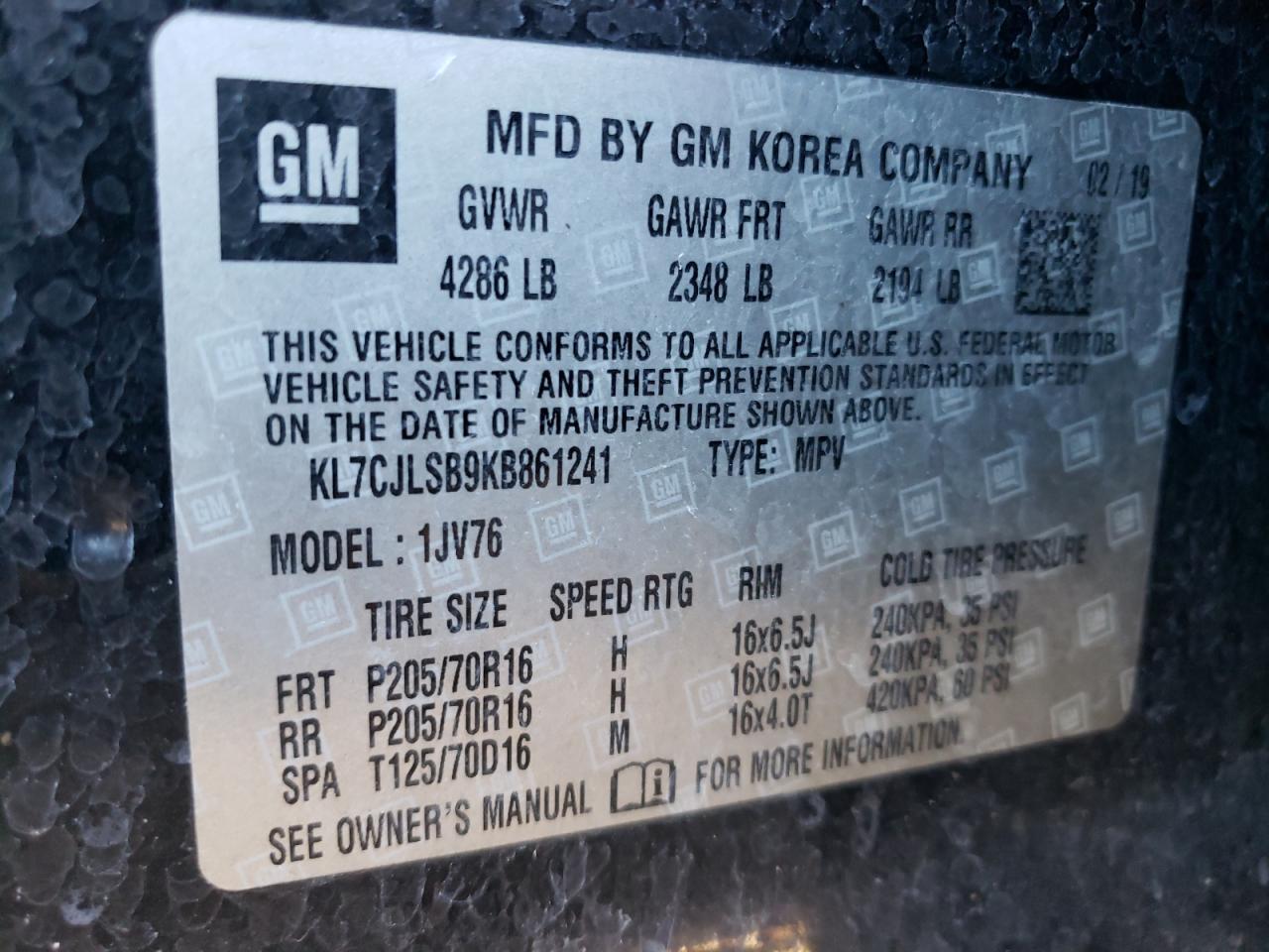 2019 Chevrolet Trax 1Lt VIN: KL7CJLSB9KB861241 Lot: 85354085