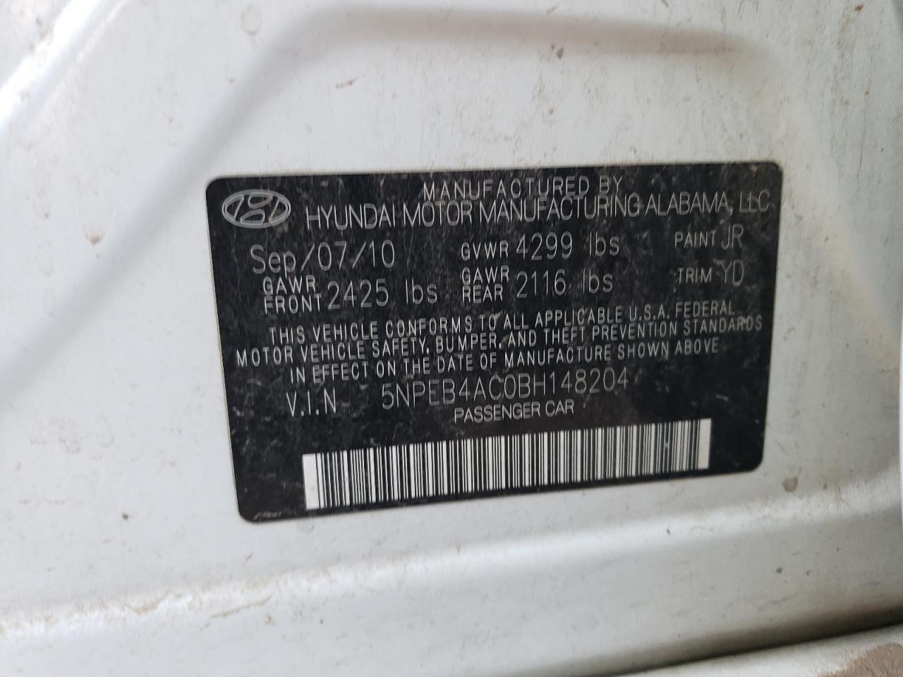 2011 Hyundai Sonata Gls VIN: 5NPEB4AC0BH148204 Lot: 71507963